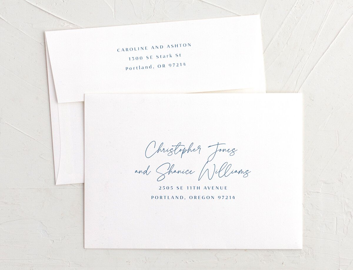 Watercolor Coast Wedding Invitation Envelopes front in French Blue