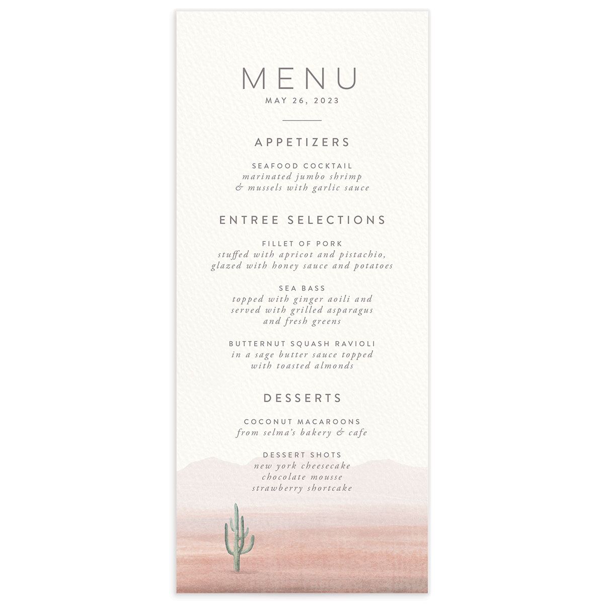 Painted Landscape Menus front in Pink