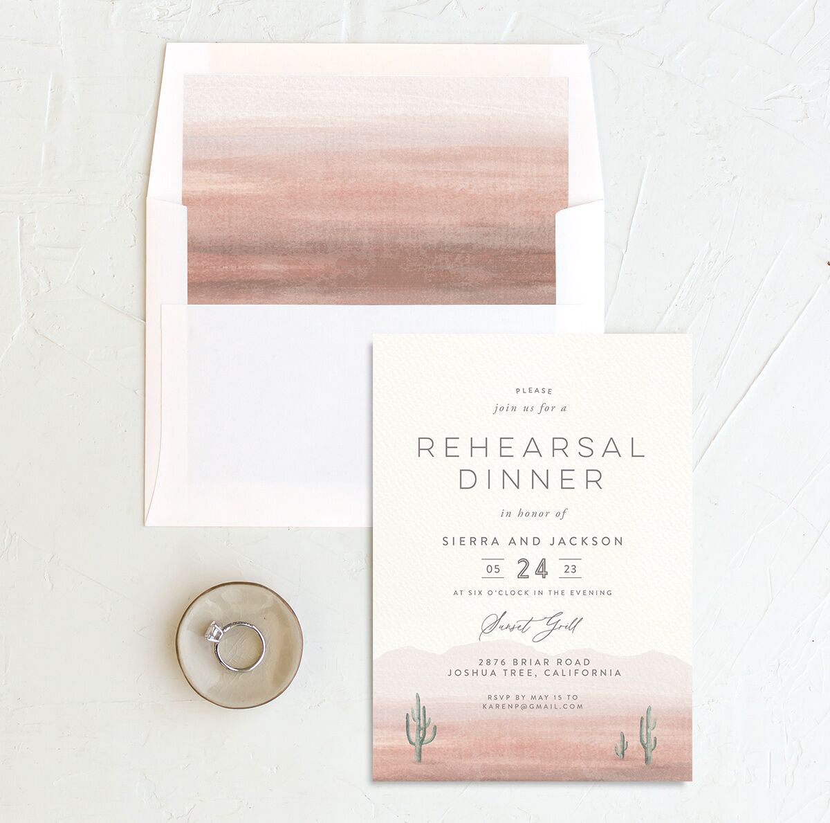 Painted Landscape Rehearsal Dinner Invitations envelope-and-liner in Rose Pink