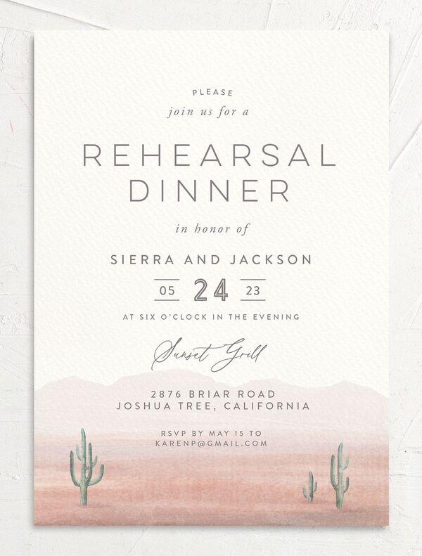 Painted Landscape Rehearsal Dinner Invitations front in Rose Pink