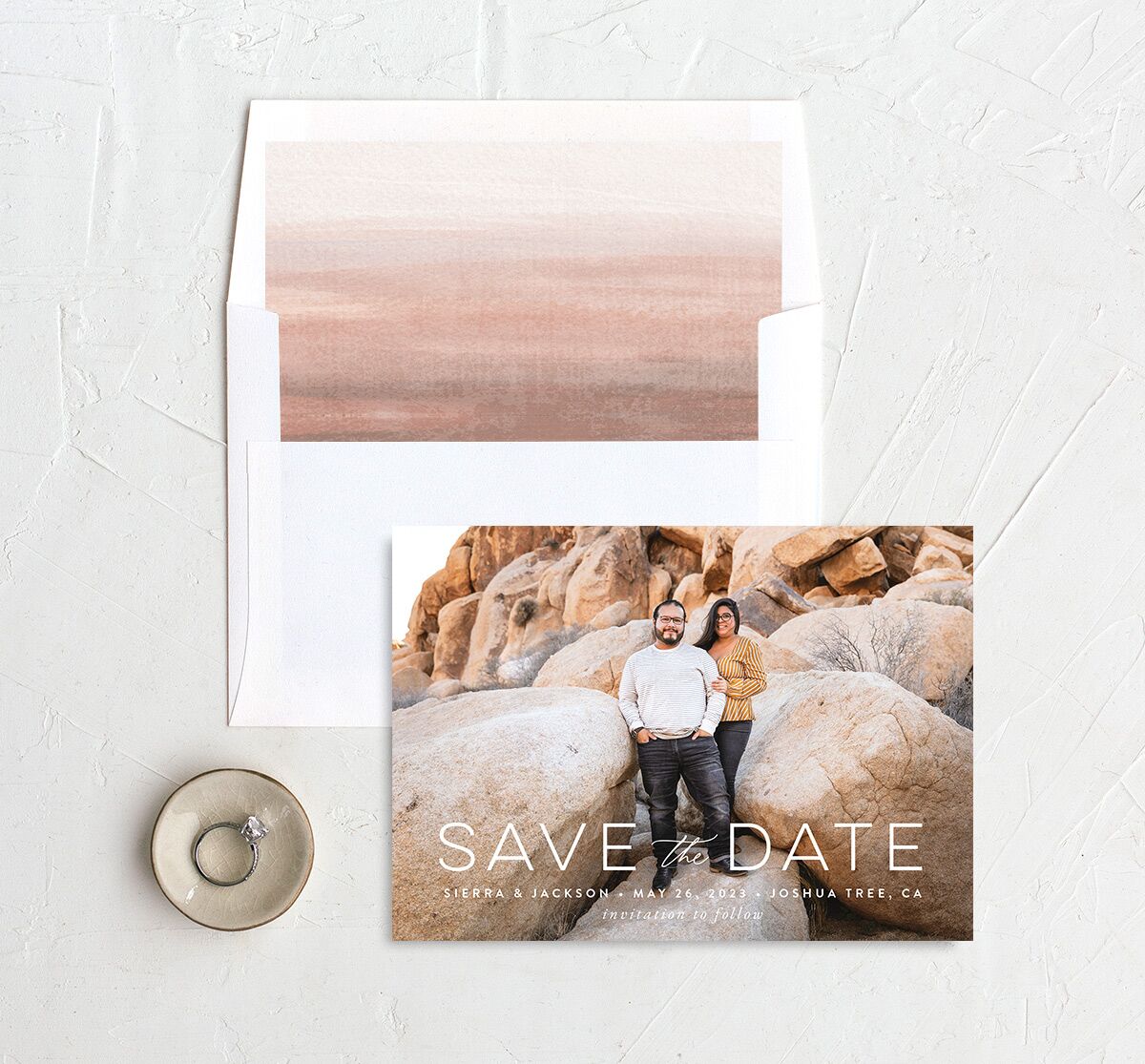 Painted Landscape Save the Date Cards envelope-and-liner in Rose Pink