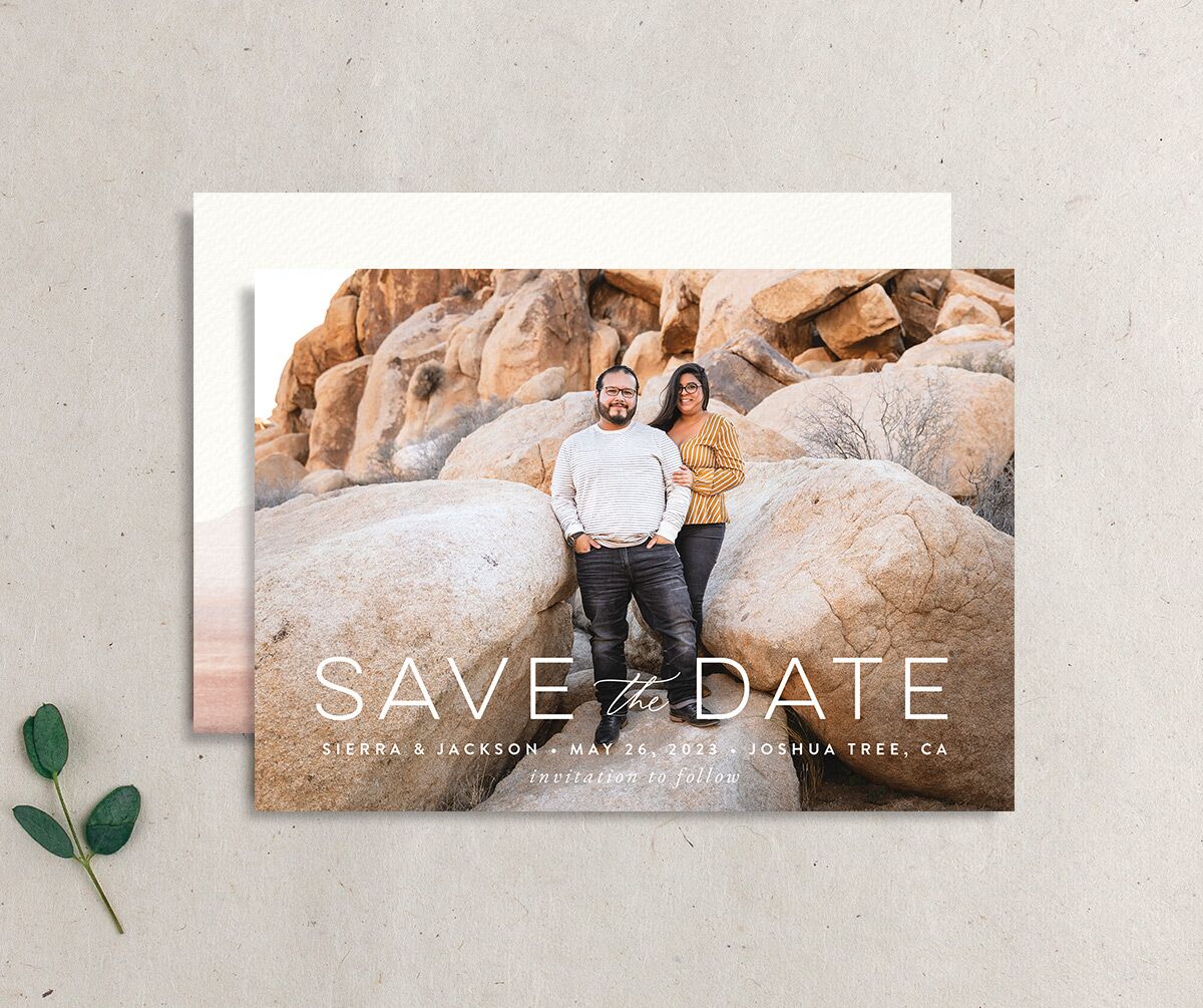 Painted Landscape Save the Date Cards front-and-back in Rose Pink