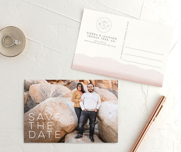 Painted Landscape Save the Date Postcards front-and-back in Rose Pink