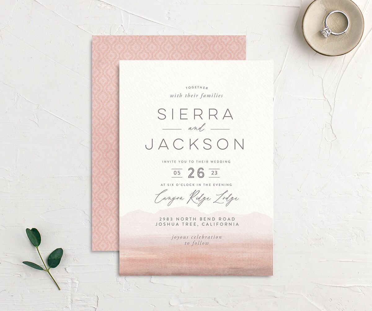 Painted Landscape Wedding Invitations front-and-back in Rose Pink
