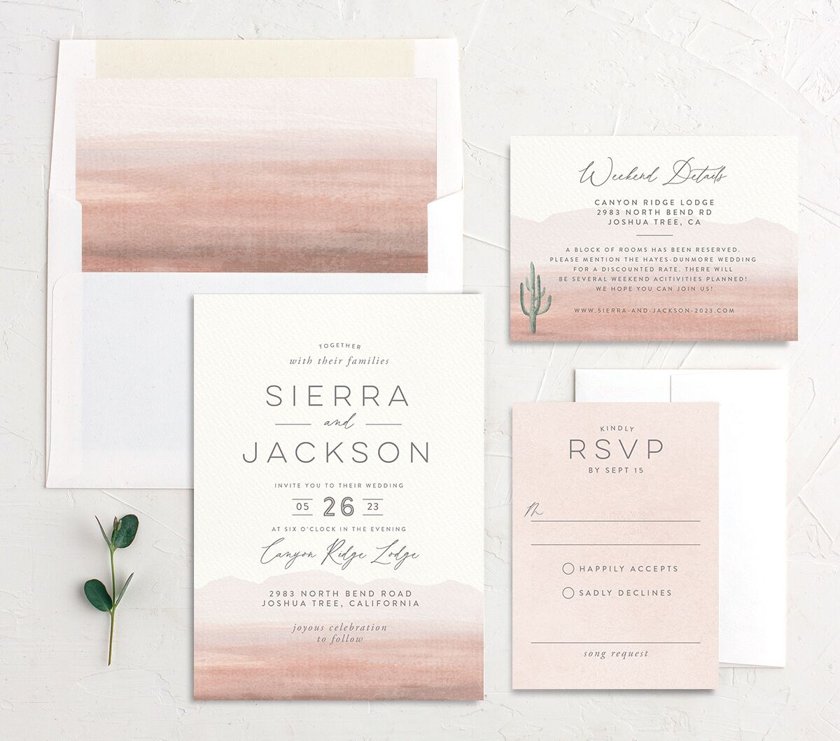 Painted Landscape Wedding Invitations suite in Rose Pink
