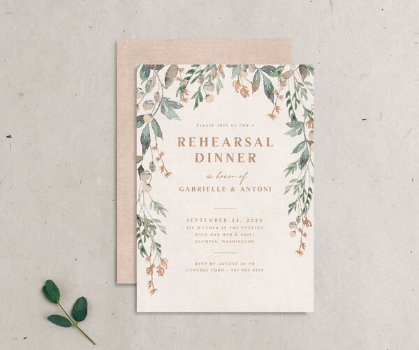 Vintage Vineyard Rehearsal Dinner Invitations front-and-back in Champagne