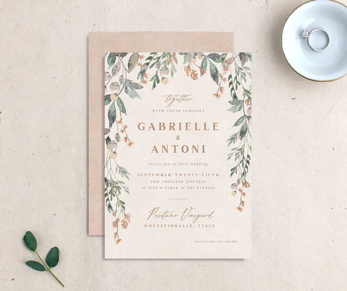 Vintage Vineyard Wedding Invitations front-and-back in Champagne