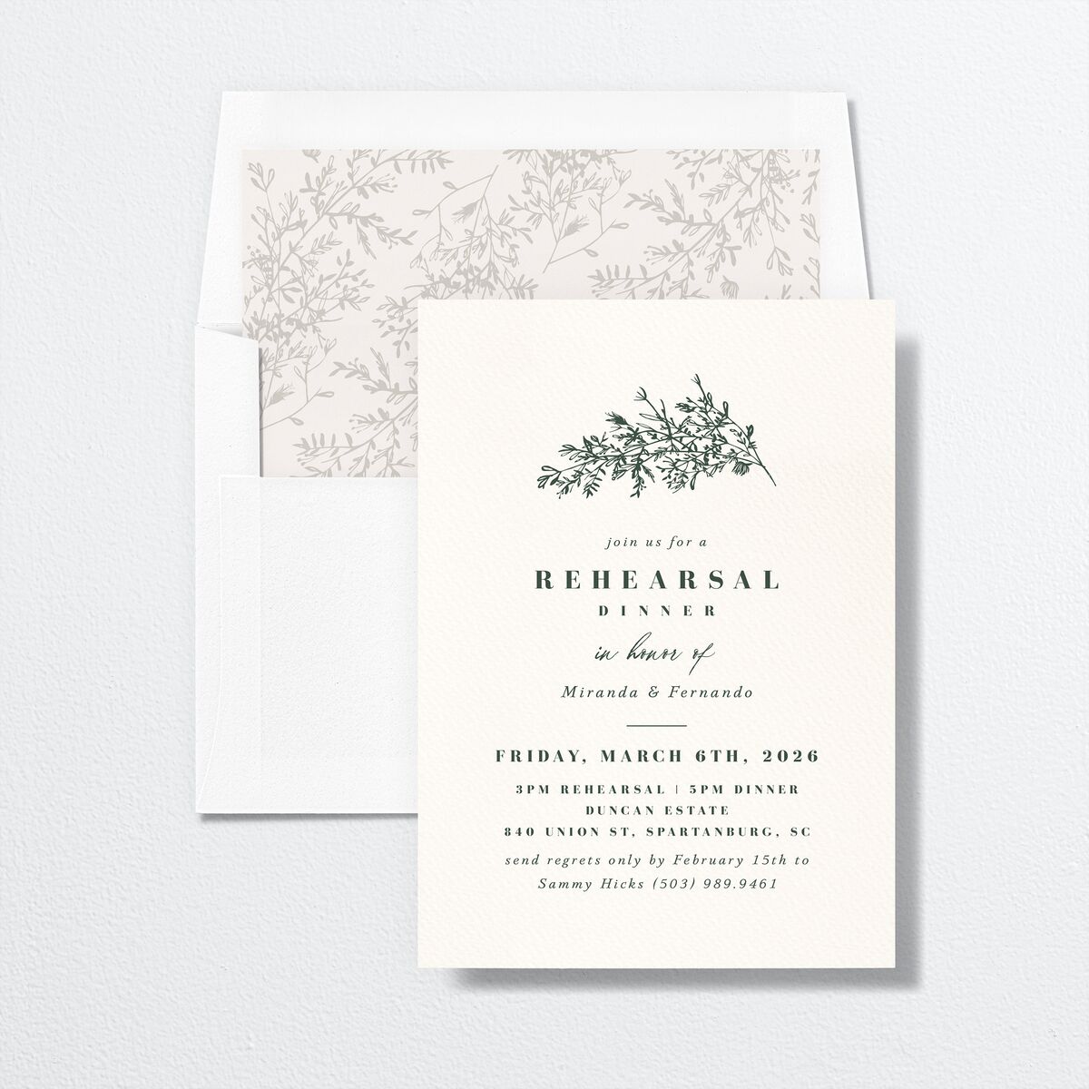 Elegant Branches Rehearsal Dinner Invitations envelope-and-liner in Jewel Green