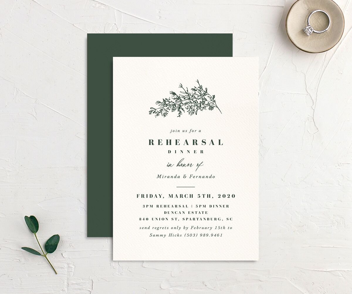 Elegant Branches Rehearsal Dinner Invitations front-and-back in Jewel Green