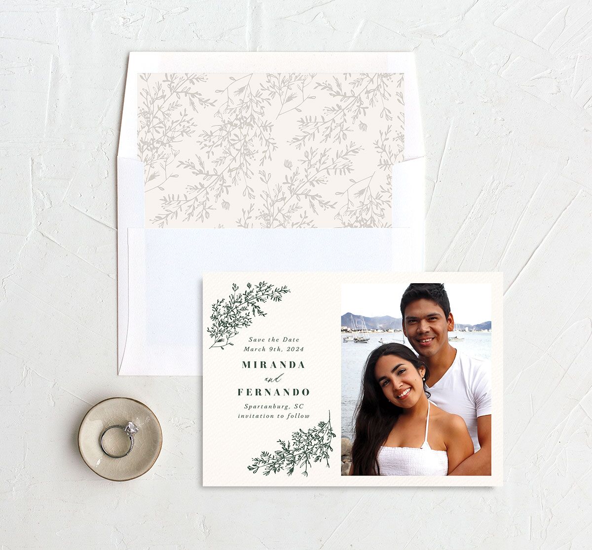 Elegant Branches Save the Date Cards envelope-and-liner in Jewel Green