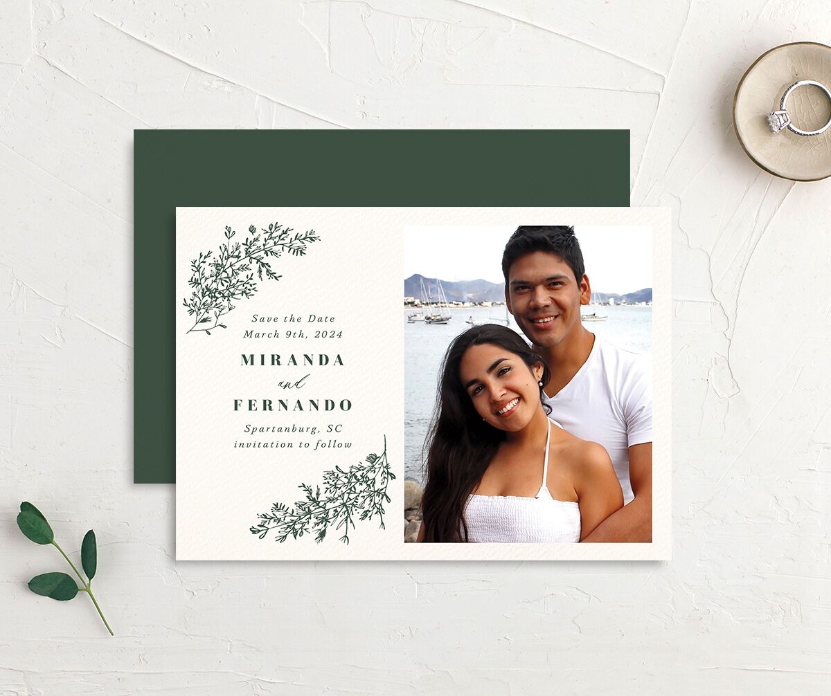 Elegant Branches Save the Date Cards front-and-back in Jewel Green