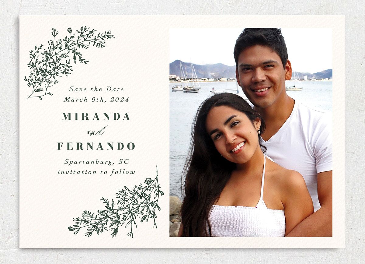 Elegant Branches Save the Date Cards front in Jewel Green