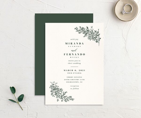 Elegant Branches Wedding Invitations front-and-back in Jewel Green