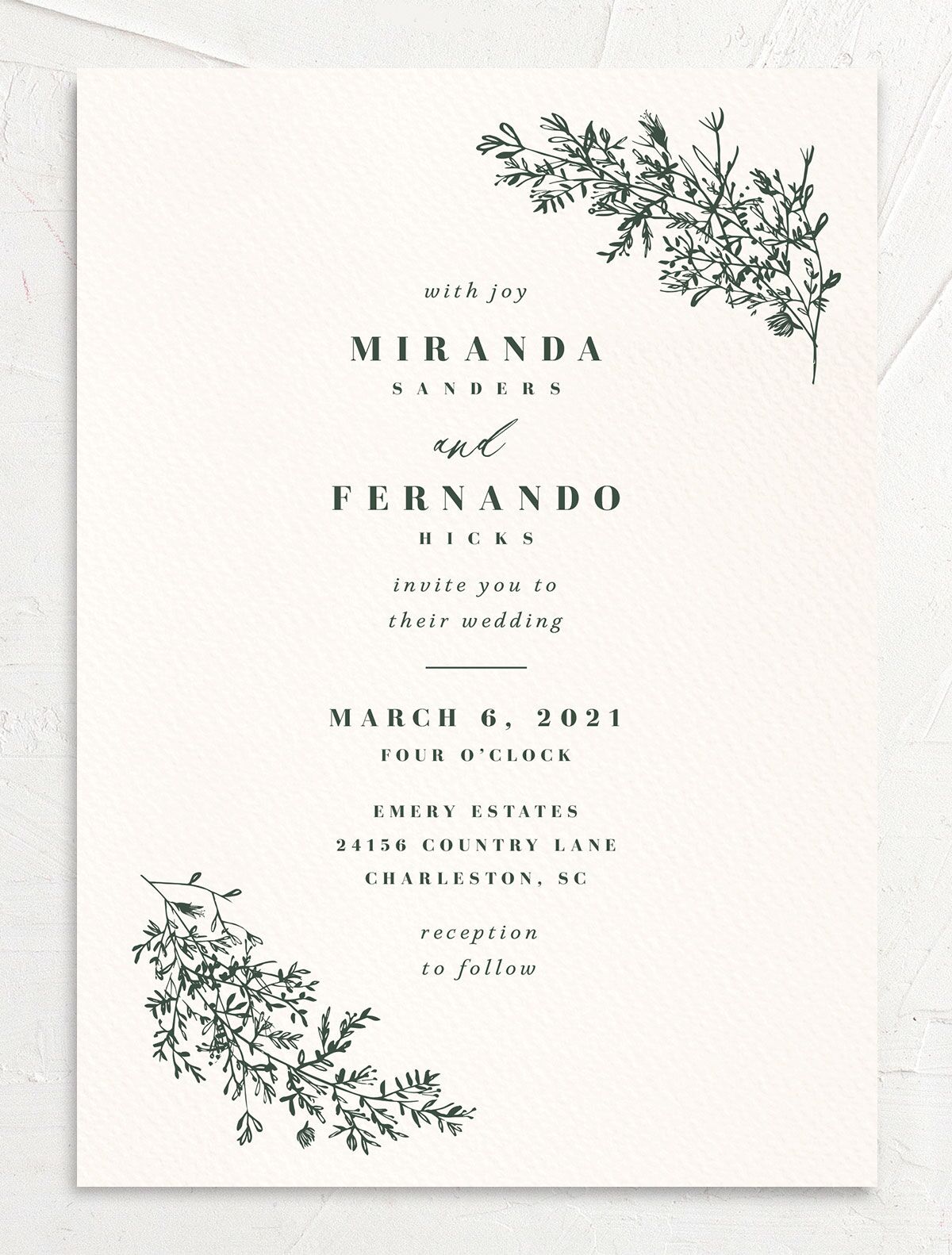Elegant Branches Wedding Invitations front in Jewel Green