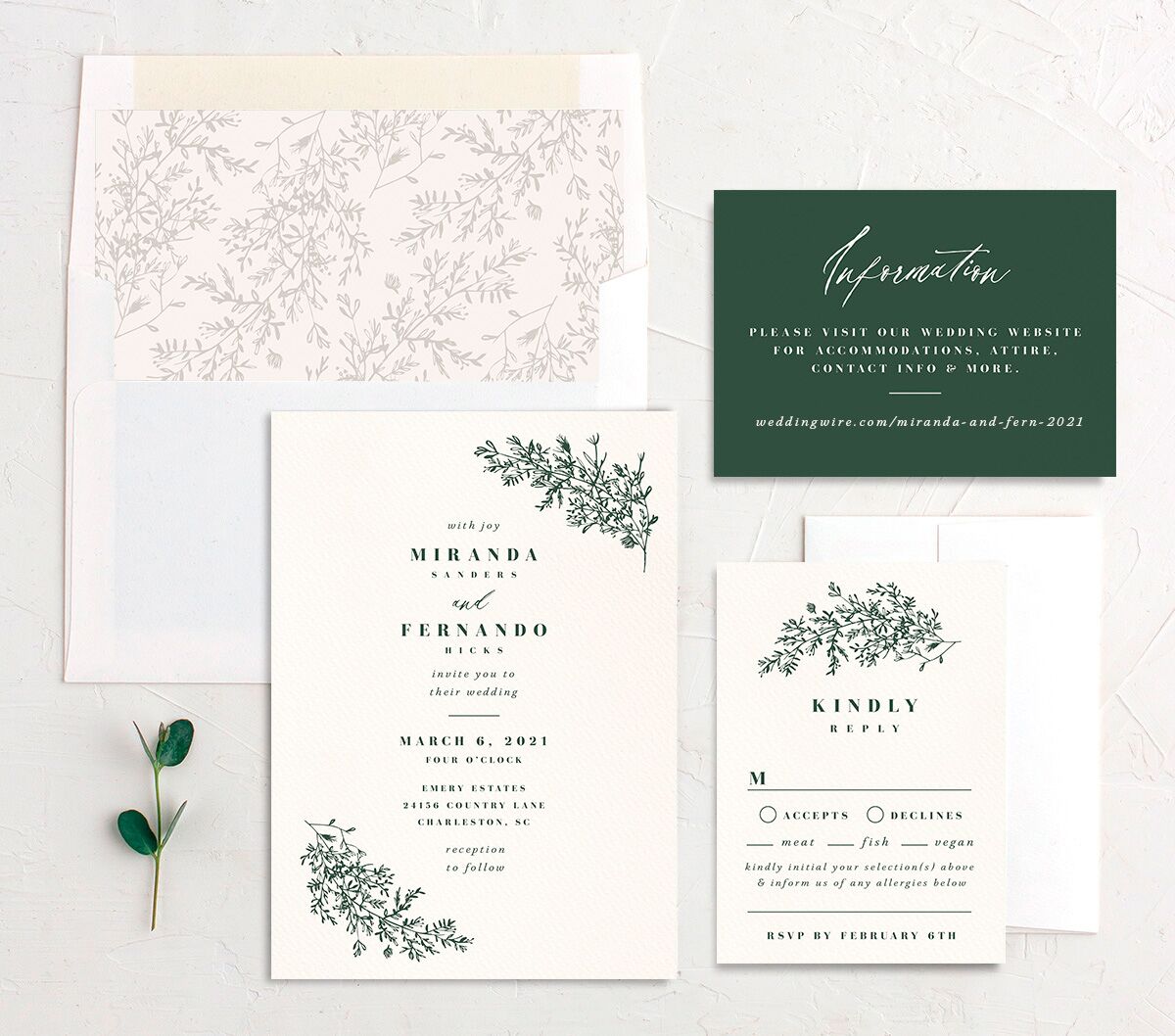 Elegant Branches Wedding Invitations suite in Jewel Green