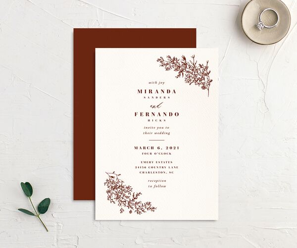 Elegant Branches Wedding Invitations front-and-back in Ruby