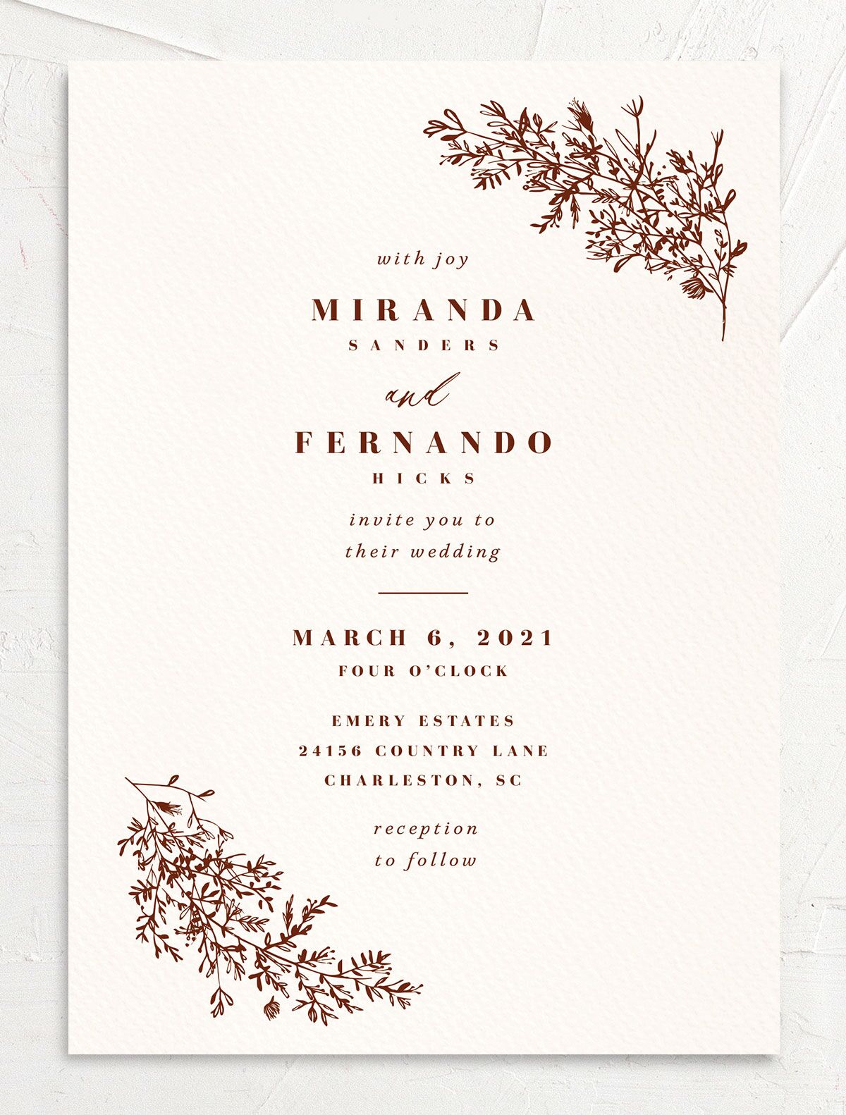 Elegant Branches Wedding Invitations front in Ruby