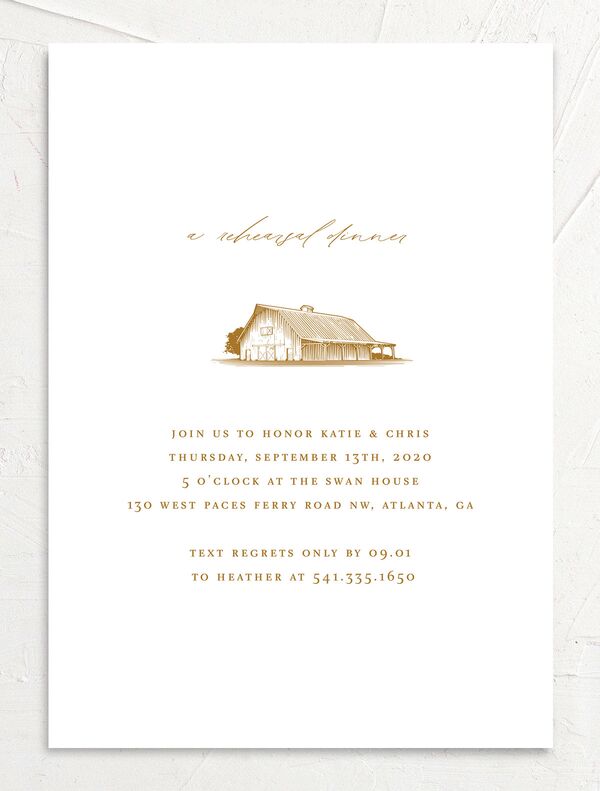 Traditional Landscape Rehearsal Dinner Invitations front in Gold