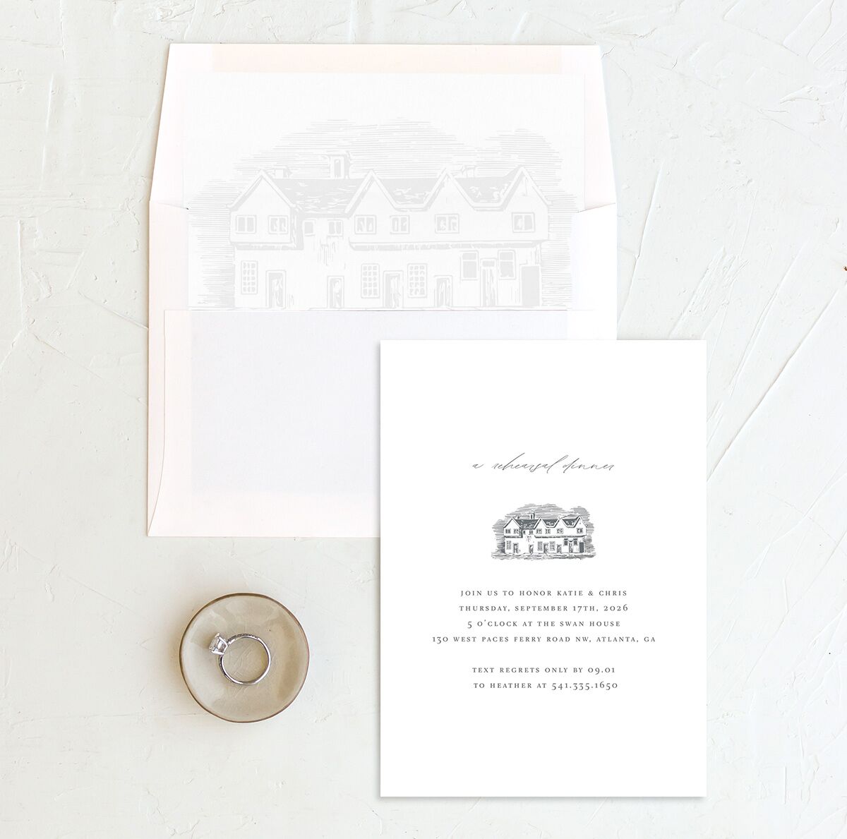Traditional Landscape Rehearsal Dinner Invitations envelope-and-liner in Grey