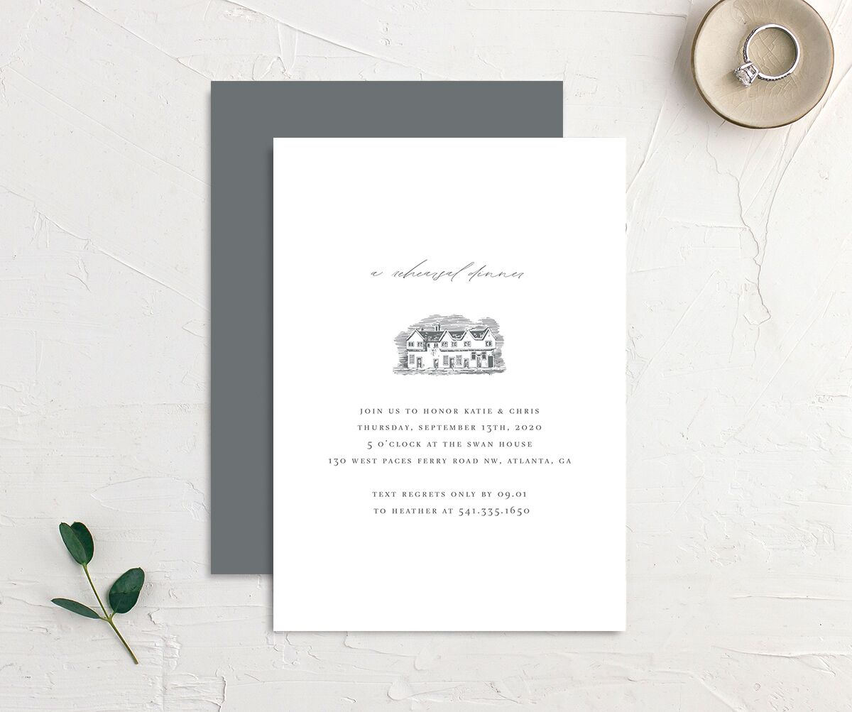 Traditional Landscape Rehearsal Dinner Invitations front-and-back in Grey