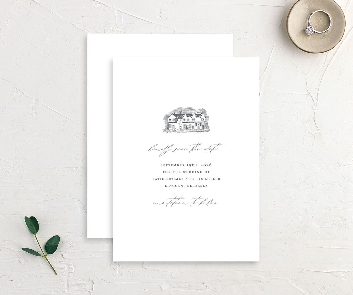 Traditional Landscape Save the Date Cards front-and-back in Silver
