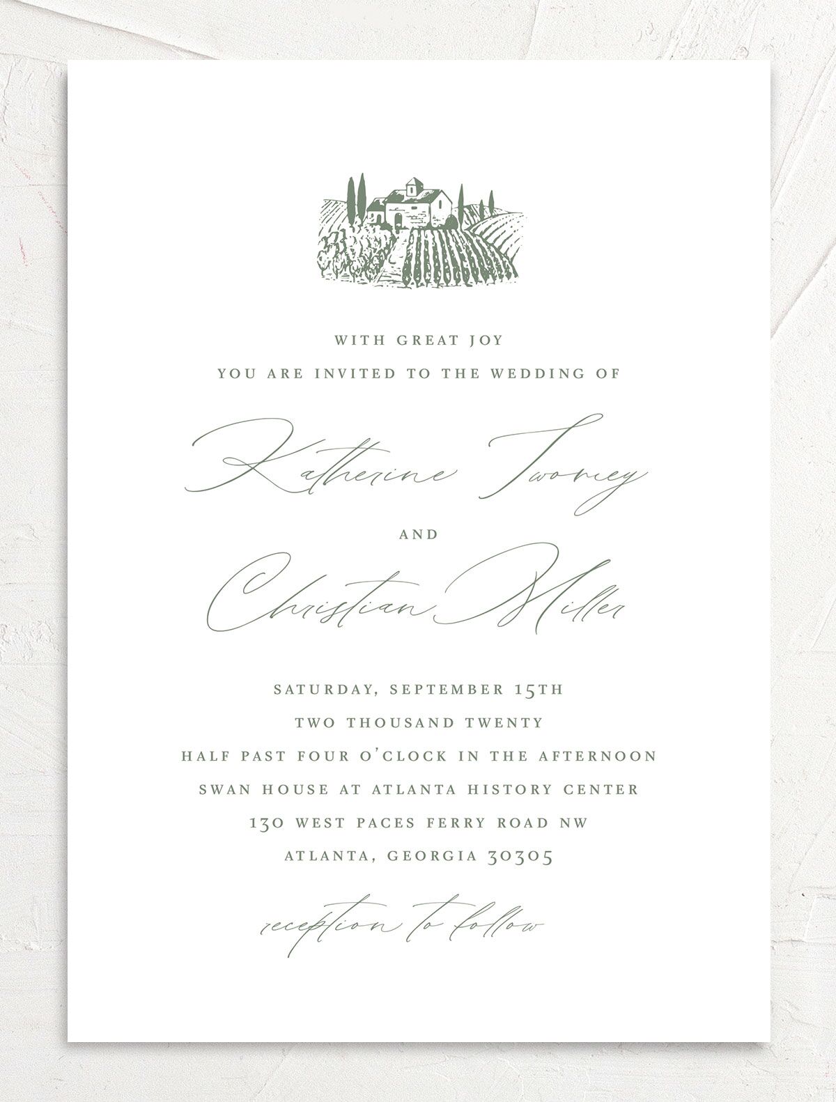 Traditional Landscape Wedding Invitations front in Jewel Green