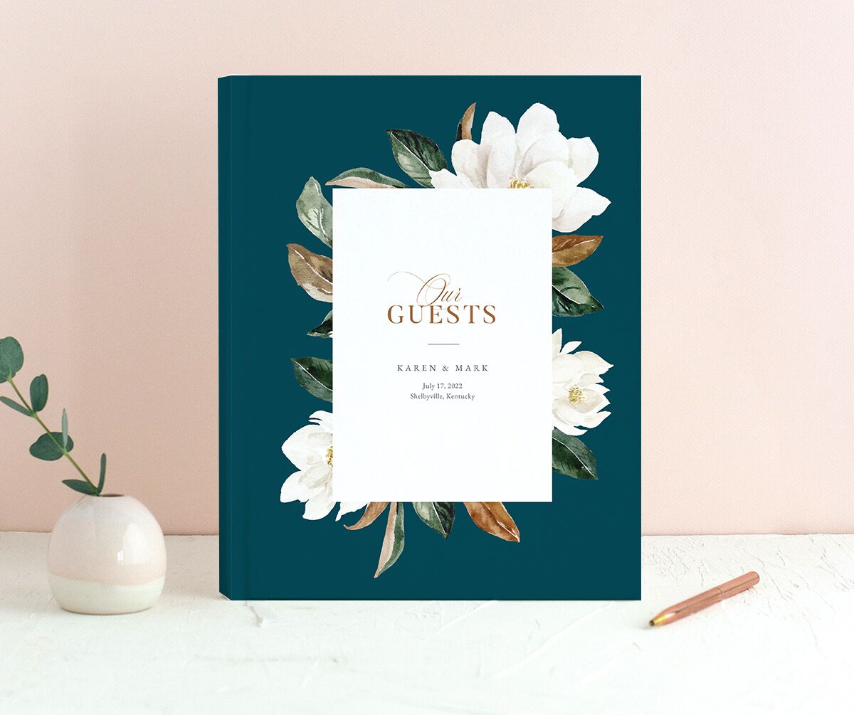 Romantic Blooms Wedding Guest Book front in Turquoise