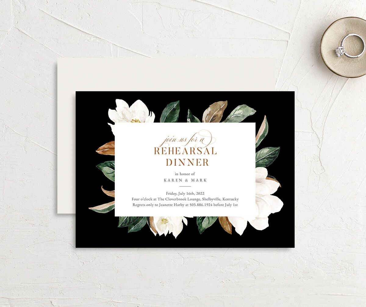 Romantic Blooms Rehearsal Dinner Invitations front-and-back in Midnight