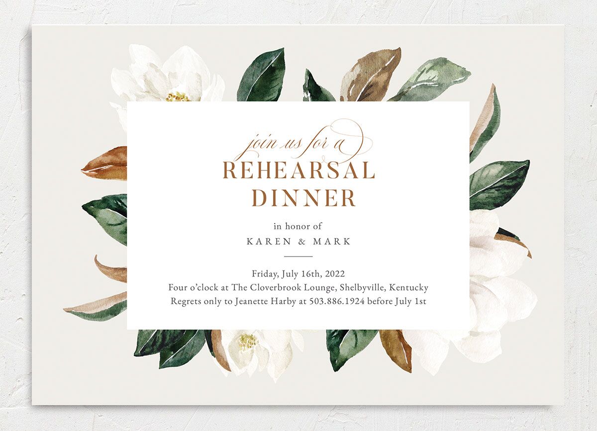 Romantic Blooms Rehearsal Dinner Invitations front in Grey