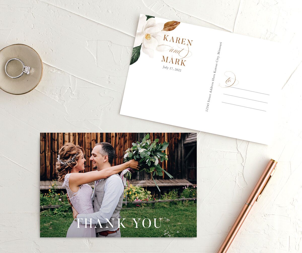 Romantic Blooms Thank You Postcards front-and-back in Grey