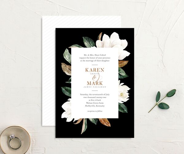 Romantic Blooms Wedding Invitations front-and-back in Black