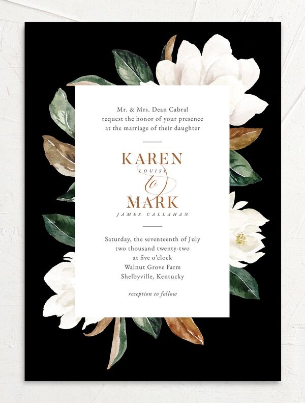 Romantic Blooms Wedding Invitations front in Midnight