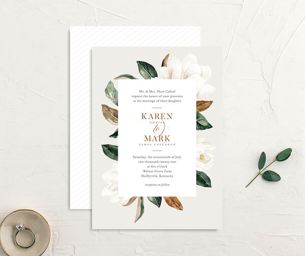 Romantic Blooms Wedding Invitations front-and-back in Silver