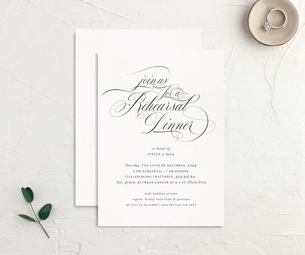 Exquisite Regency Rehearsal Dinner Invitations front-and-back in Pure White