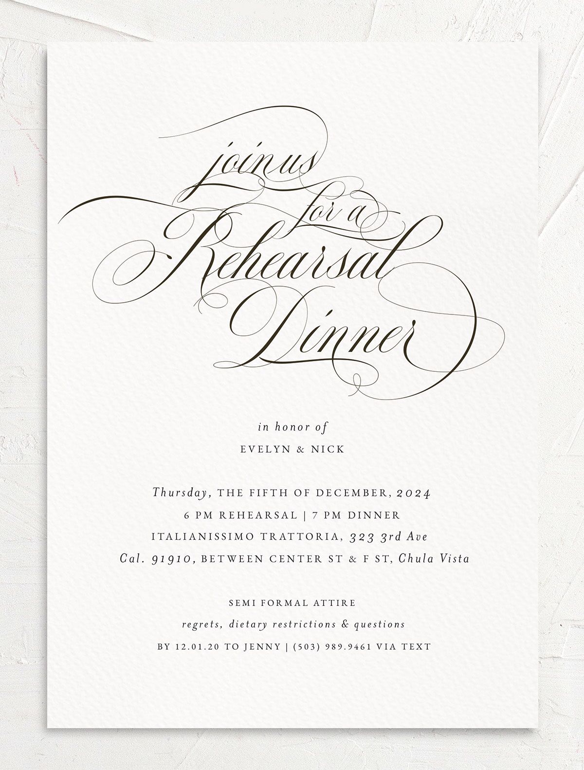 Exquisite Regency Rehearsal Dinner Invitations front in Pure White