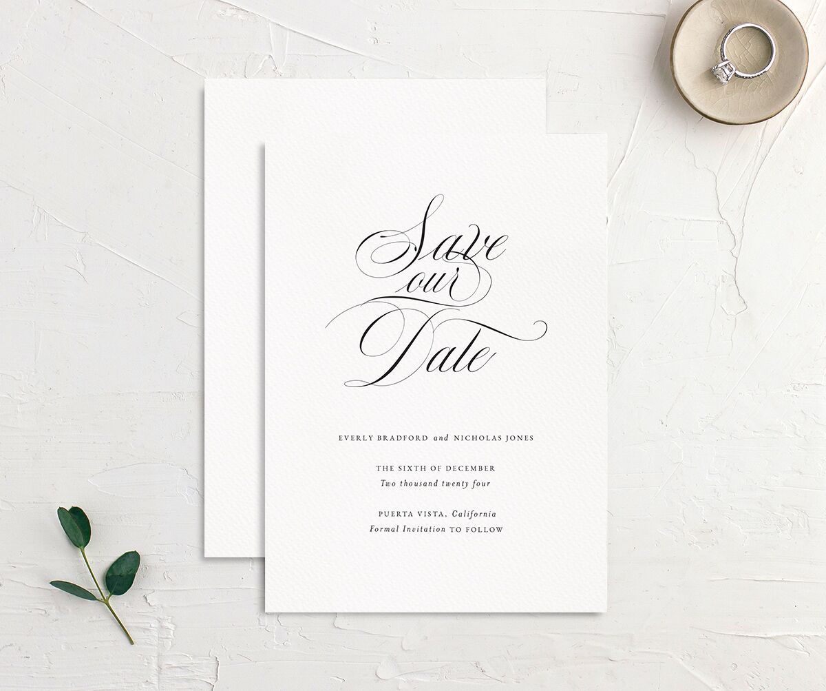 Exquisite Regency Save the Date Cards front-and-back in Pure White