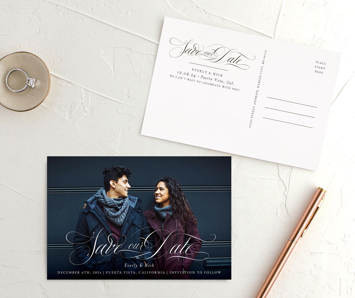 Exquisite Regency Save the Date Postcards front-and-back in White
