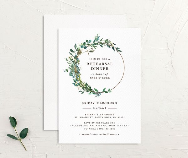 Floral Circles Rehearsal Dinner Invitations front-and-back in Pure White