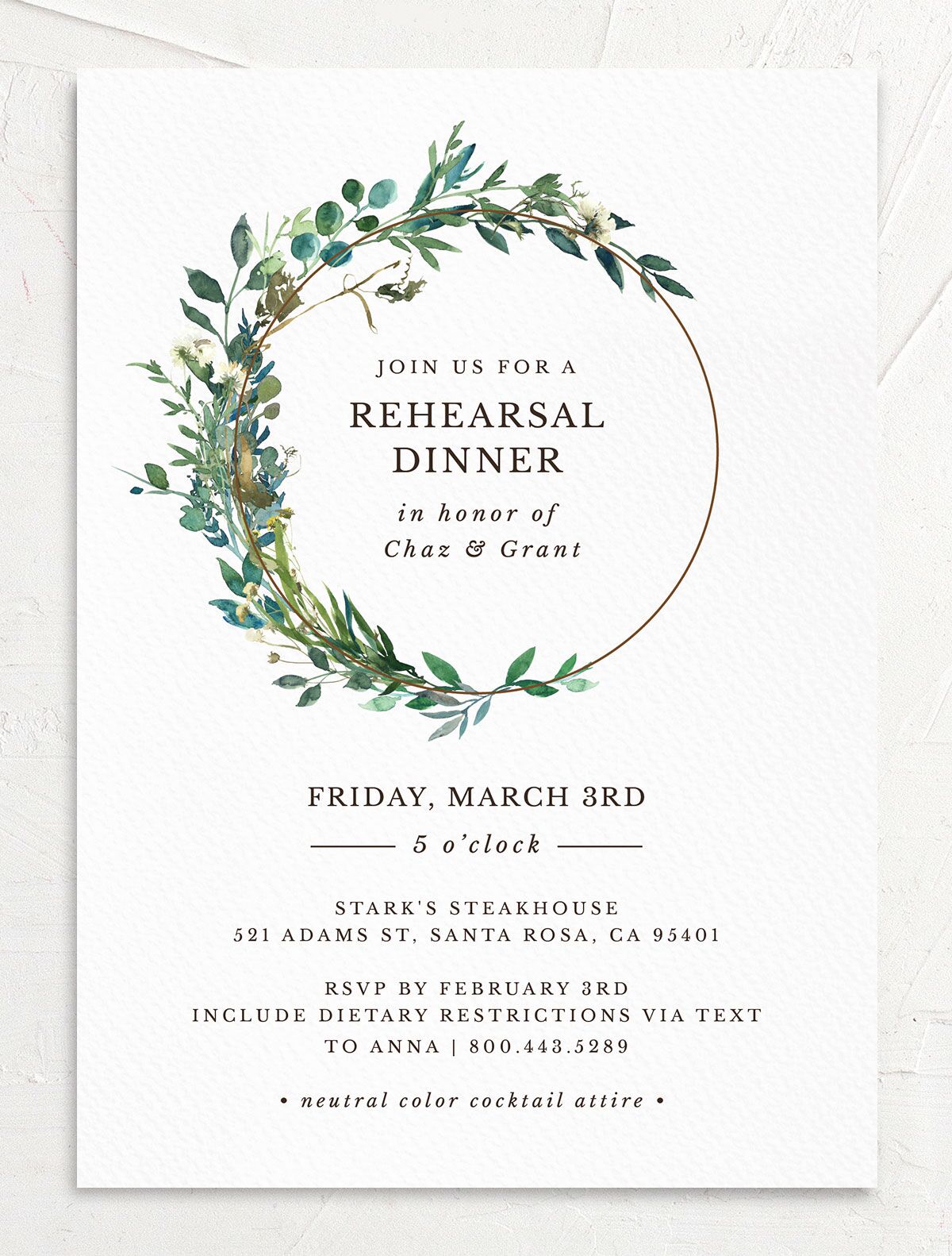 Floral Circles Rehearsal Dinner Invitations front in Pure White