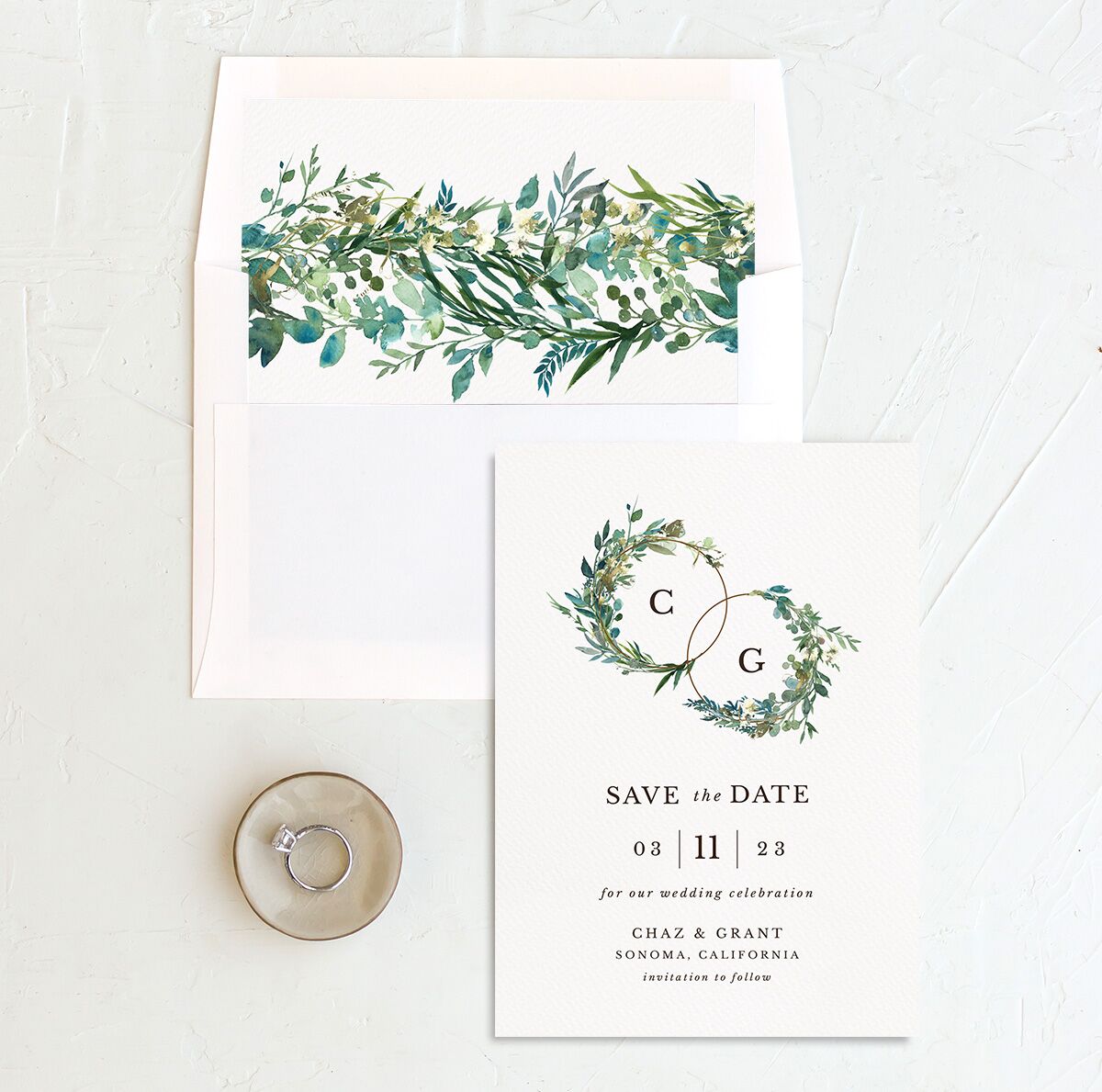 Floral Circles Save the Date Cards envelope-and-liner in Pure White