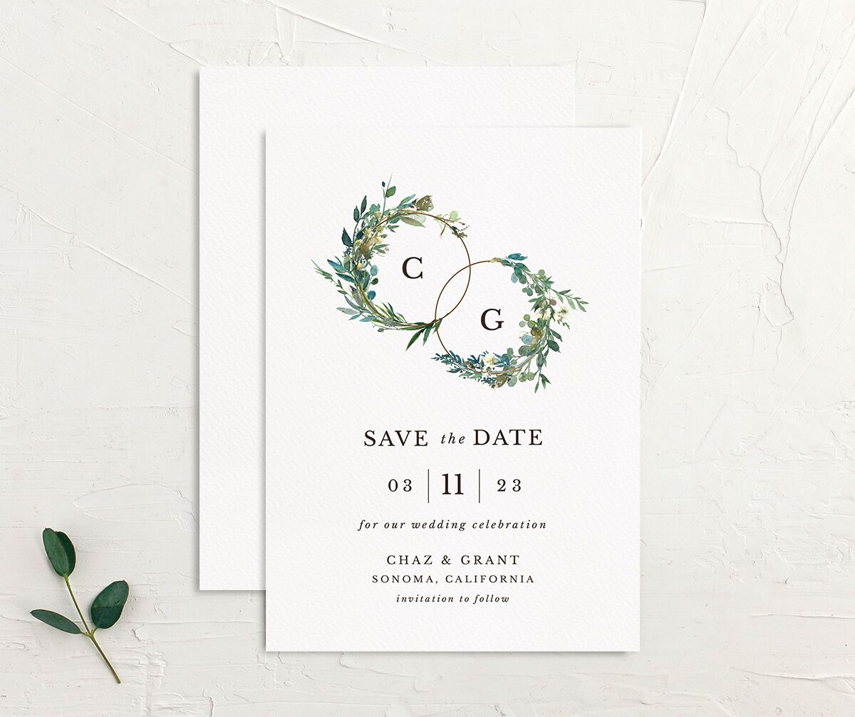 Floral Circles Save the Date Cards front-and-back in White