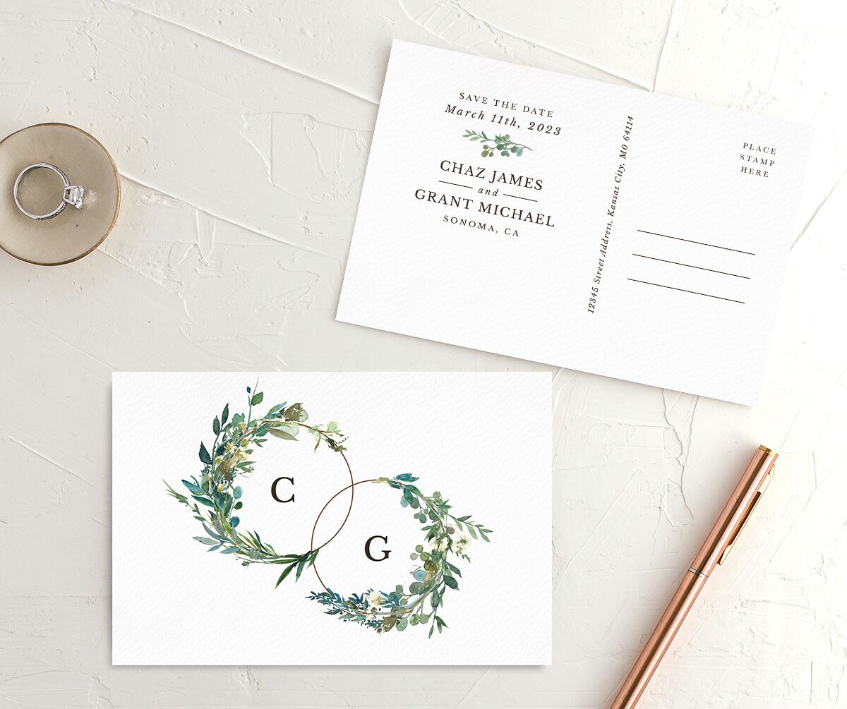 Floral Circles Save the Date Postcards front-and-back in White