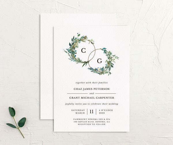 Floral Circles Wedding Invitations front-and-back in Pure White