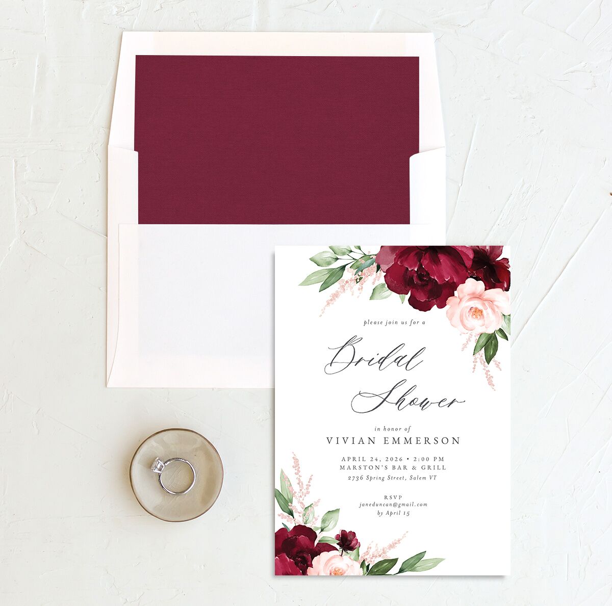Painted Florals Bridal Shower Invitations envelope-and-liner in Ruby
