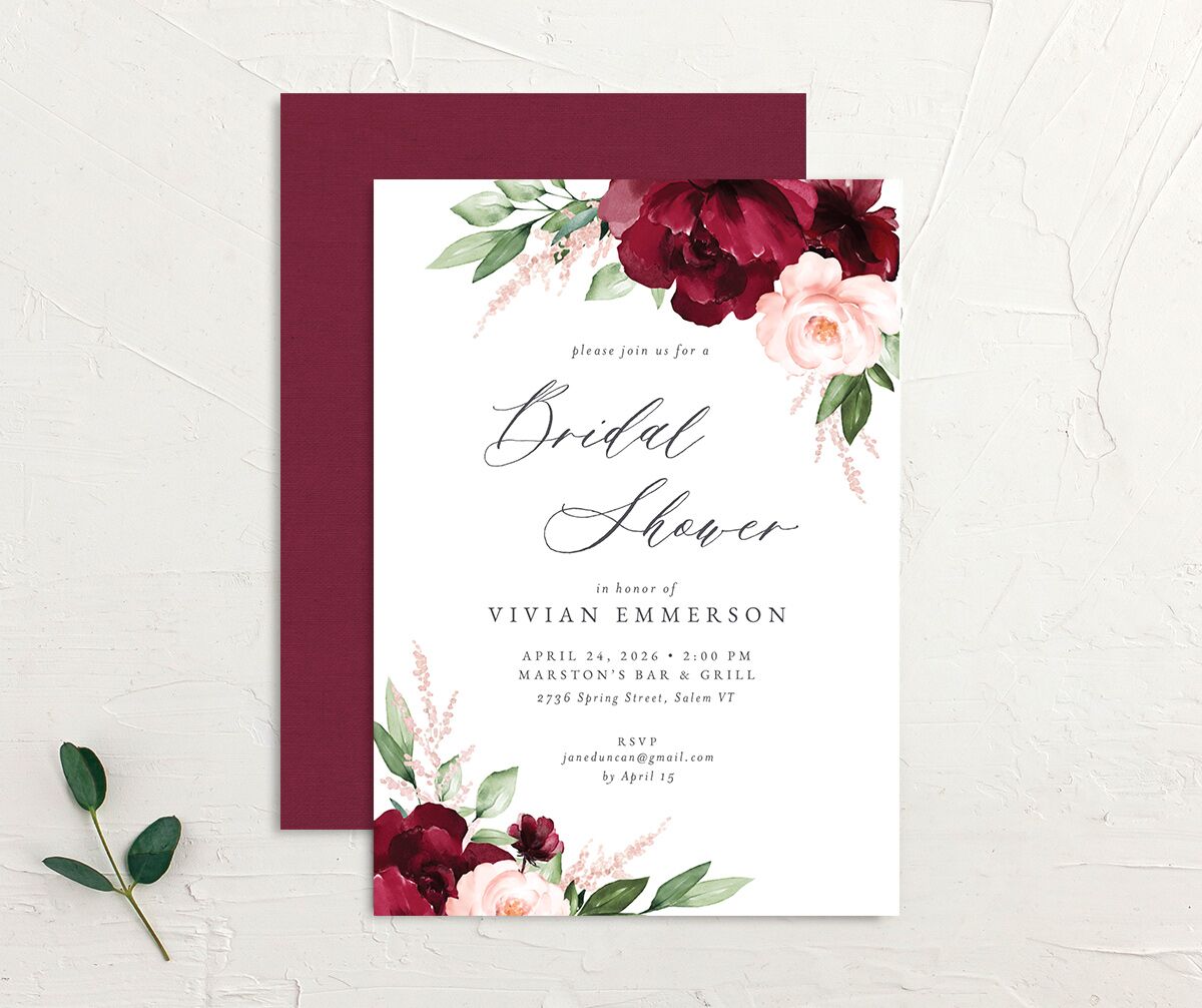 Painted Florals Bridal Shower Invitations front-and-back in Ruby