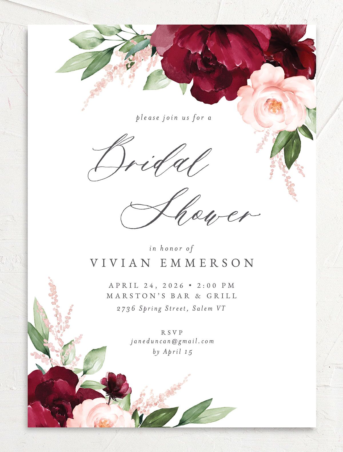 Painted Florals Bridal Shower Invitations front in Ruby
