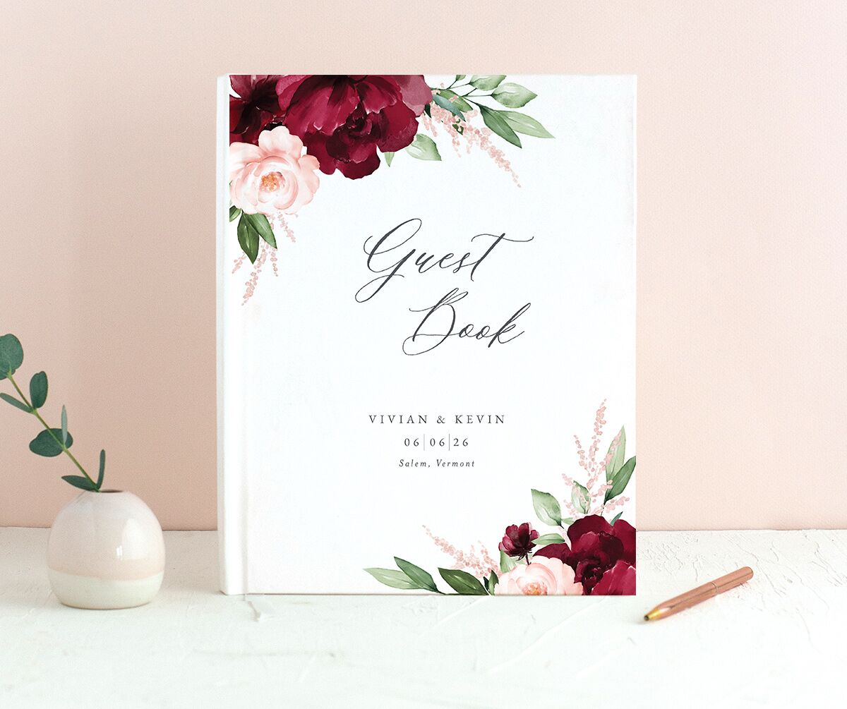 Painted Florals Wedding Guest Book front in Ruby