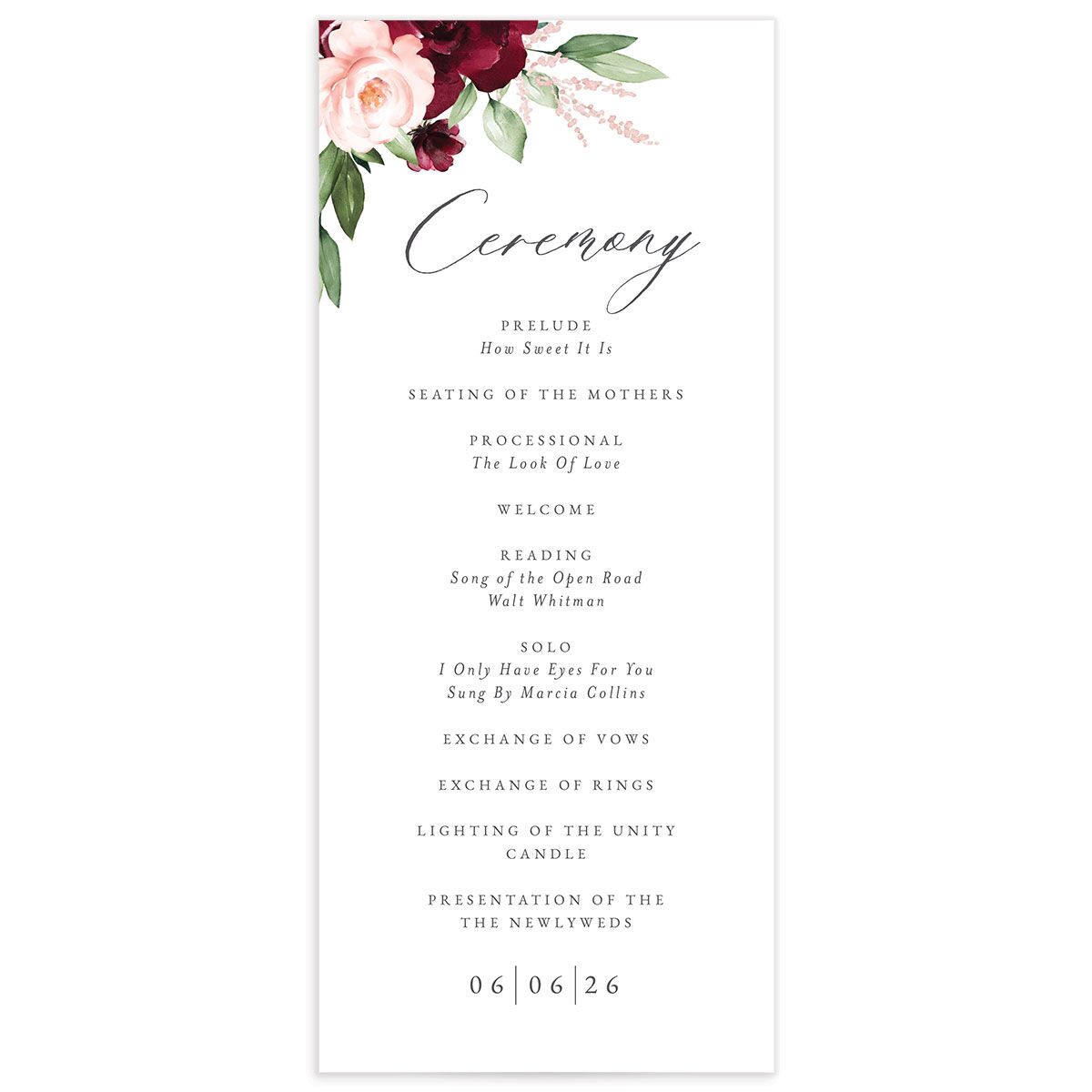 Painted Florals Wedding Programs front in Ruby