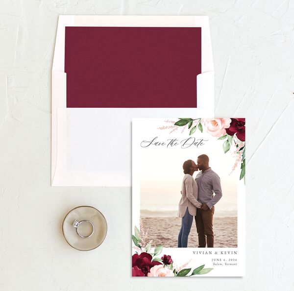 Painted Florals Save The Date Cards envelope-and-liner in Ruby