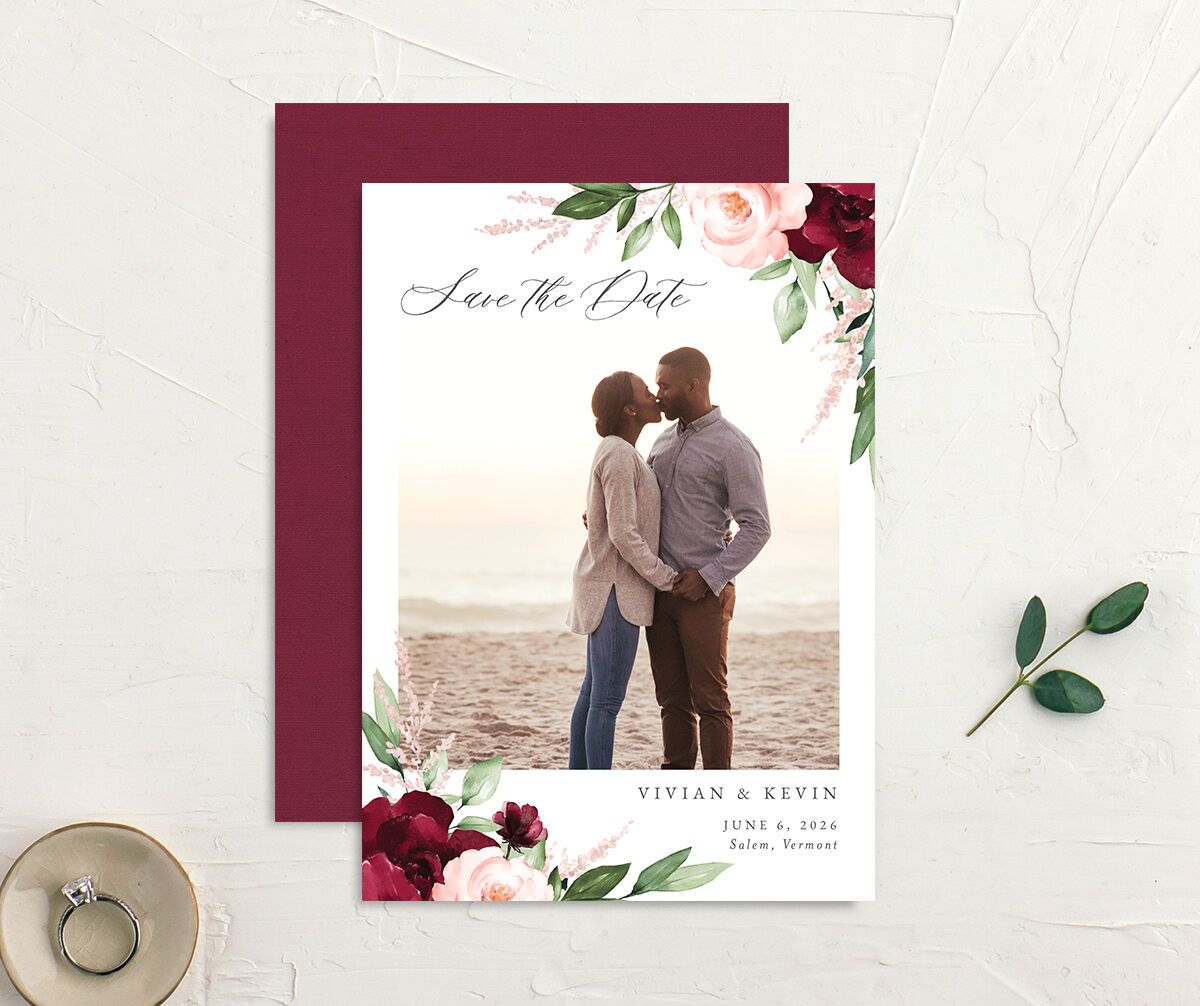 Painted Florals Save The Date Cards front-and-back in Ruby